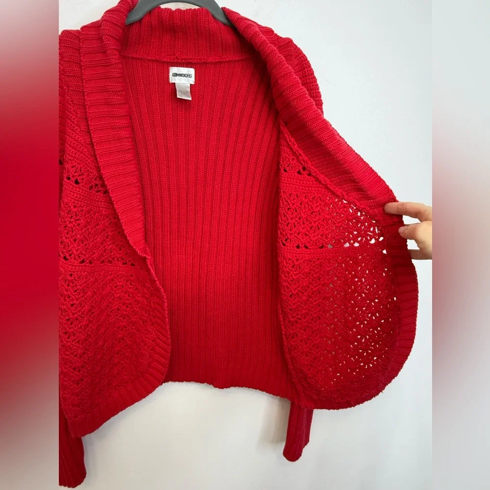 Chico's Red Ribbed Knit Crochet Cardigan Sweater Shawl Collar Women's Size Large
